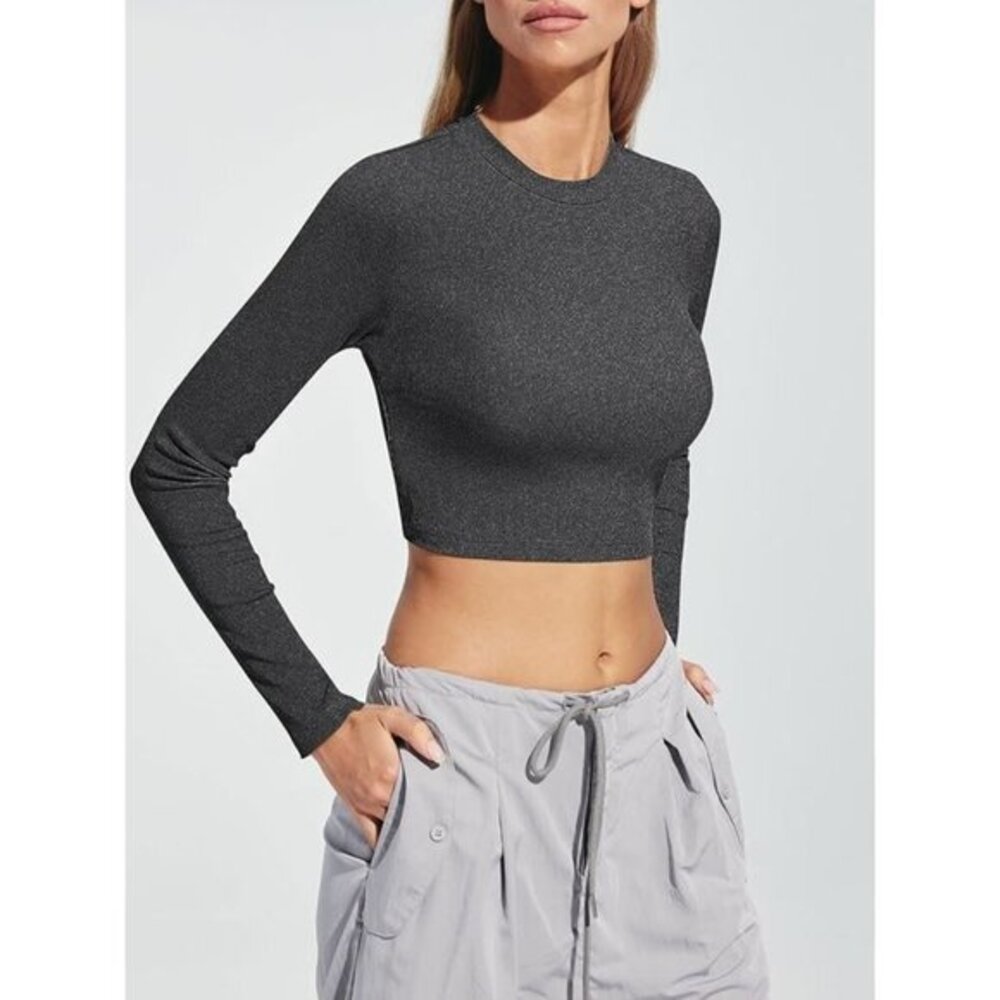Women's Gray Long Sleeve Ribbed Crop Top